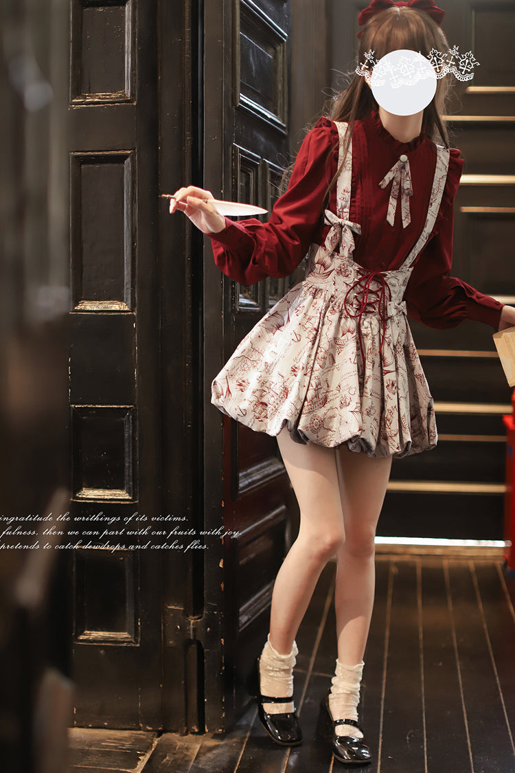 Grey Elise Print Ruffle Lace-Up Sweet Lolita Skirt
