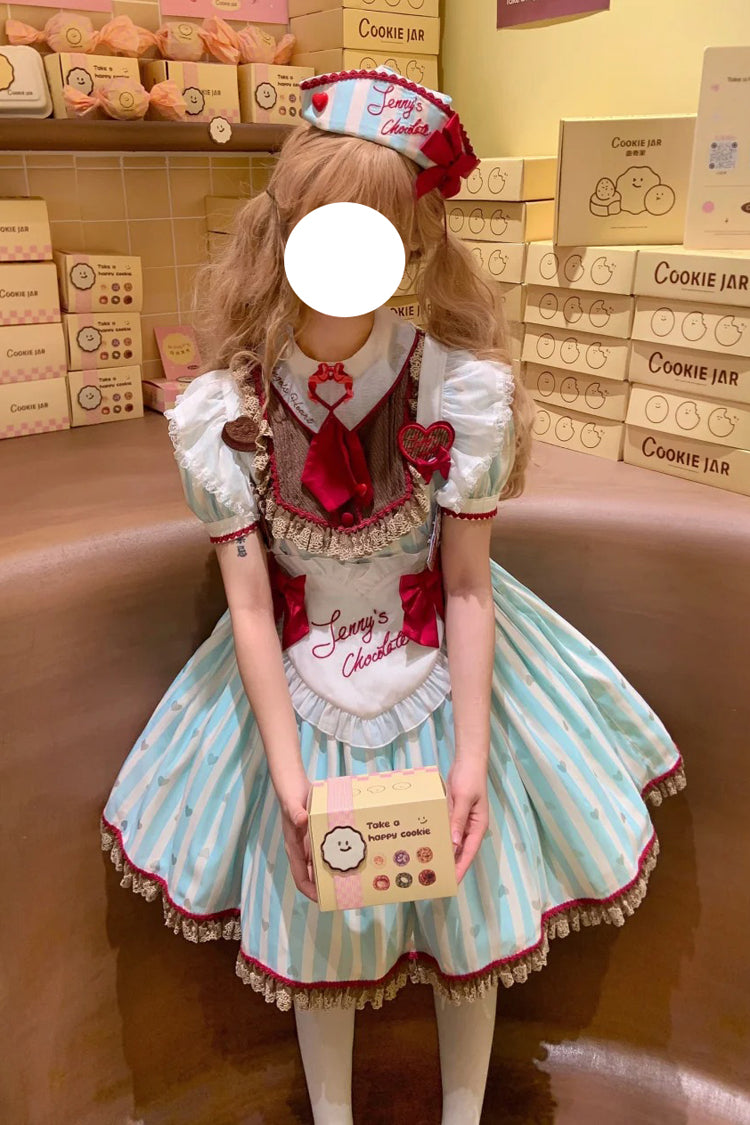 Green Jenny's Chocolate Short Sleeves Vertical Stripes Print Ruffle Bowknot Sweet Lolita Dress