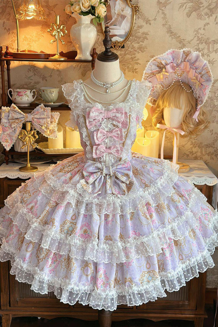 Purple Candelabrum Elegy Sleeveless Triple-Layered Flower Wall Printed Ruffled Bow Lace Sweet Lolita Jsk Dress