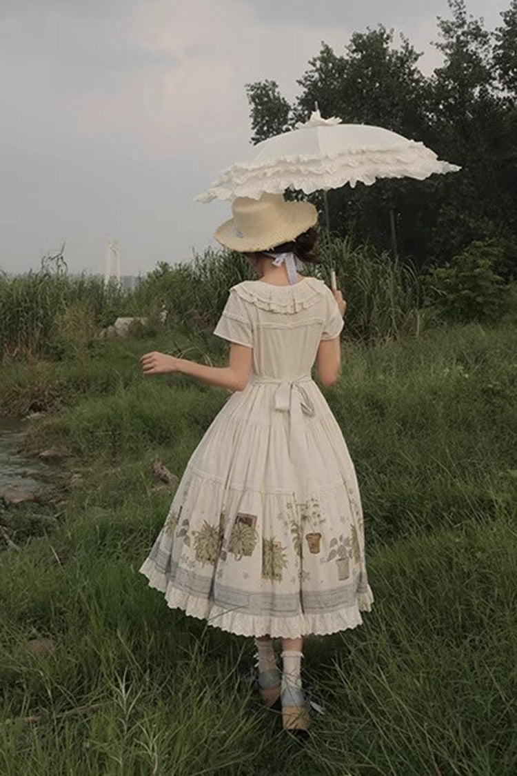 Ivory Potted Plant Short Sleeves Print Ruffle Sweet Lolita Dress