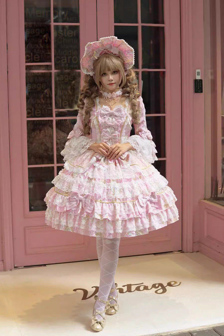 Pink Candlelight Elegance Long Trumpet Sleeves Multi-Layered Ruffle Bowknot Lace Sweet Elegant Lolita Dress