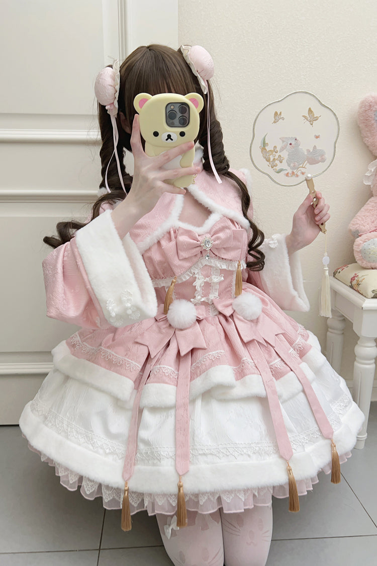 Pink Snow Rabbit Long Sleeves Ruffle Bowknot Fake Two Pieces Sweet Lolita Dress