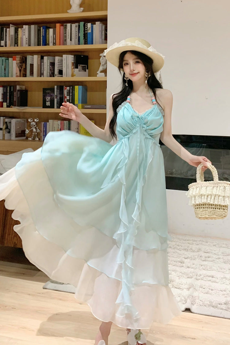 Mint Green Dreaming About The Sea Sleeveless Triple-Layered Ruffle Lace-Up Sweet Lolita Jsk Dress