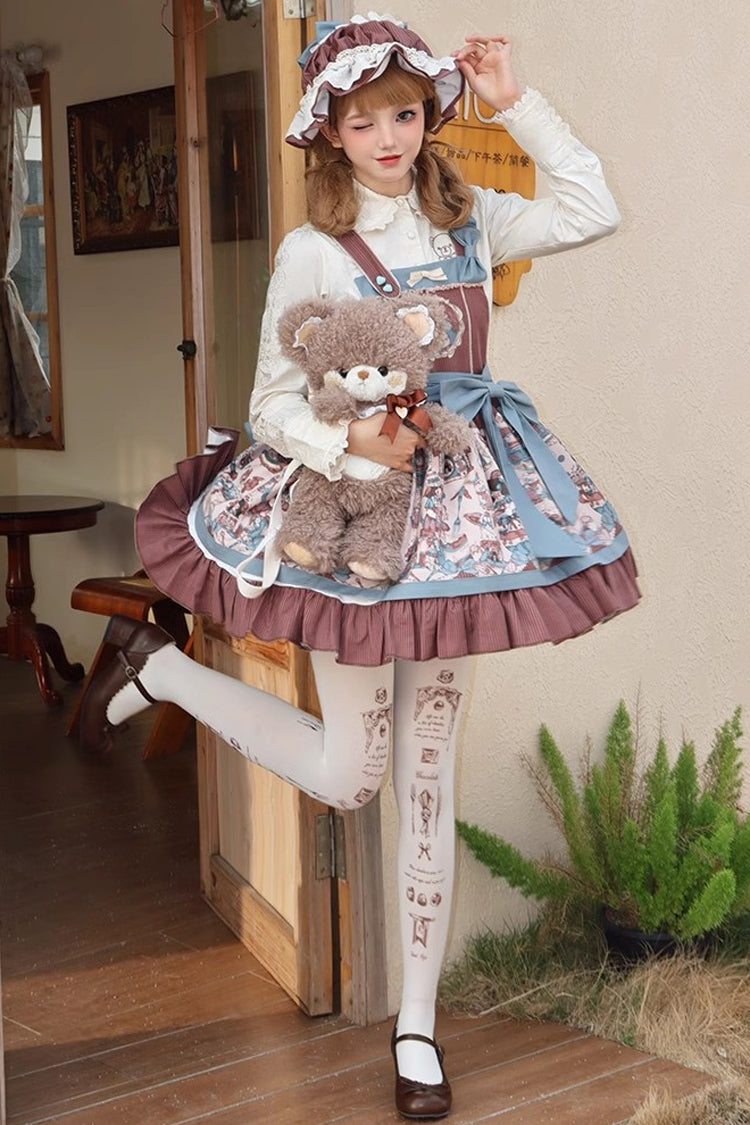 Brown Doll Print Ruffle Bowknot Sweet Lolita Strap Dress