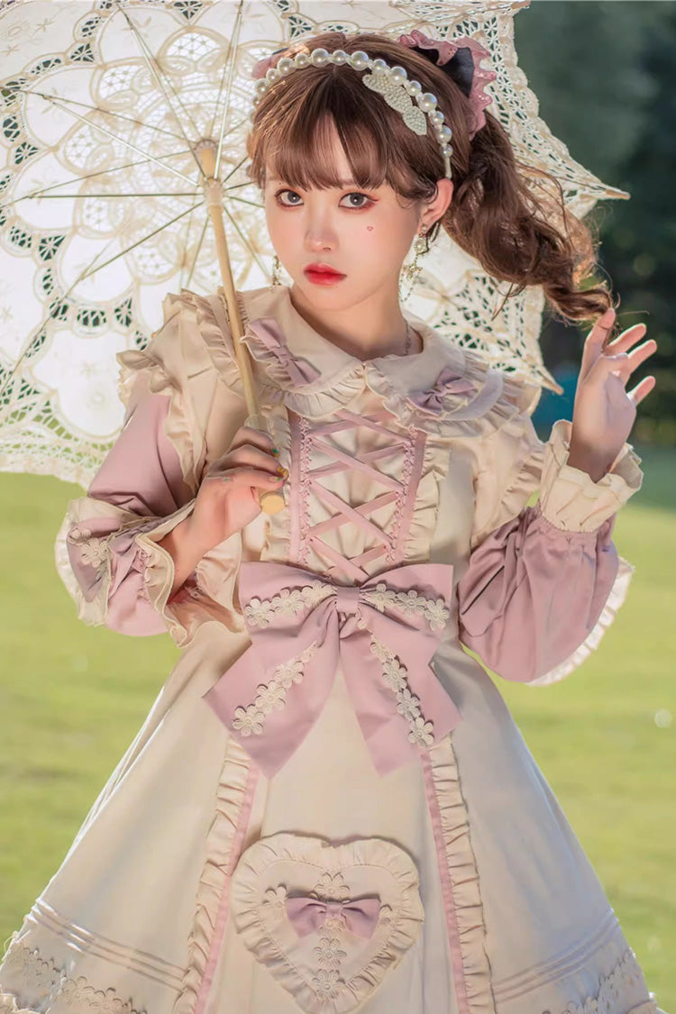Pink/White Little Florist Long Sleeves Ruffle Bowknot Lace-Up Sweet Plus Size Princess Lolita Dress