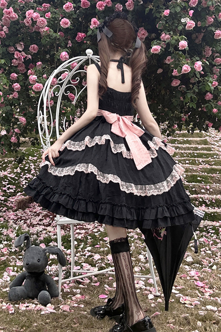 Black Miss Pearl Sleeveless Double-Layered Bowknot Lace Lace-Up Sweet Lolita Jsk Dress