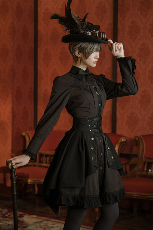 Black/Brown Single Breasted Long Sleeves Ruffled Striped Print Ouji Lolita Dress