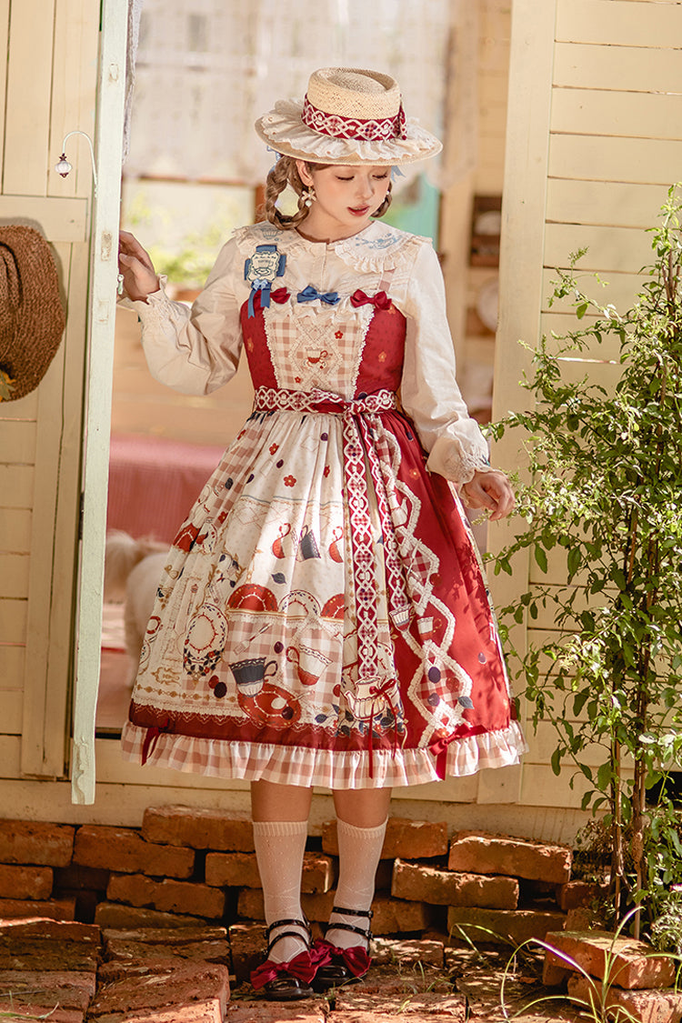 Red Tea Party Print Ruffle Bowknot Lace Sweet Elegant Lolita Jsk Dress