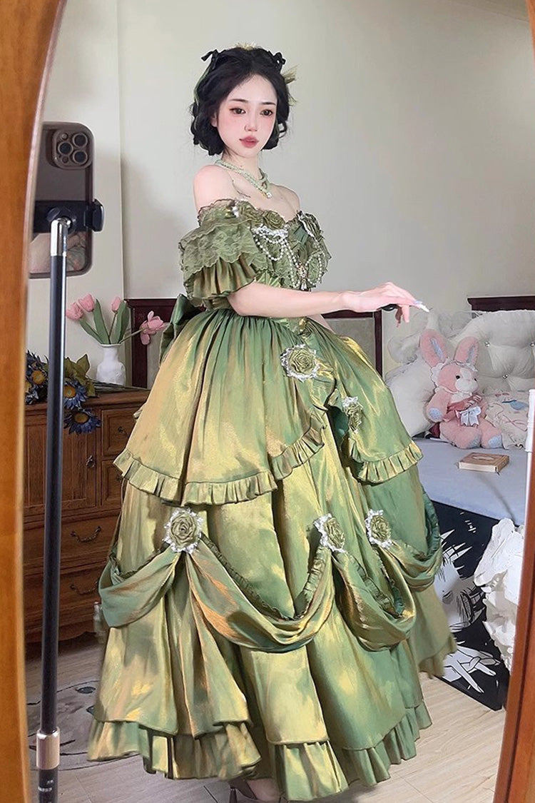 Green Tana Manor Rose Flower Long Sleeves Ruffle Bowknot Elegant Sweet Princess Lolita Strapless Dress