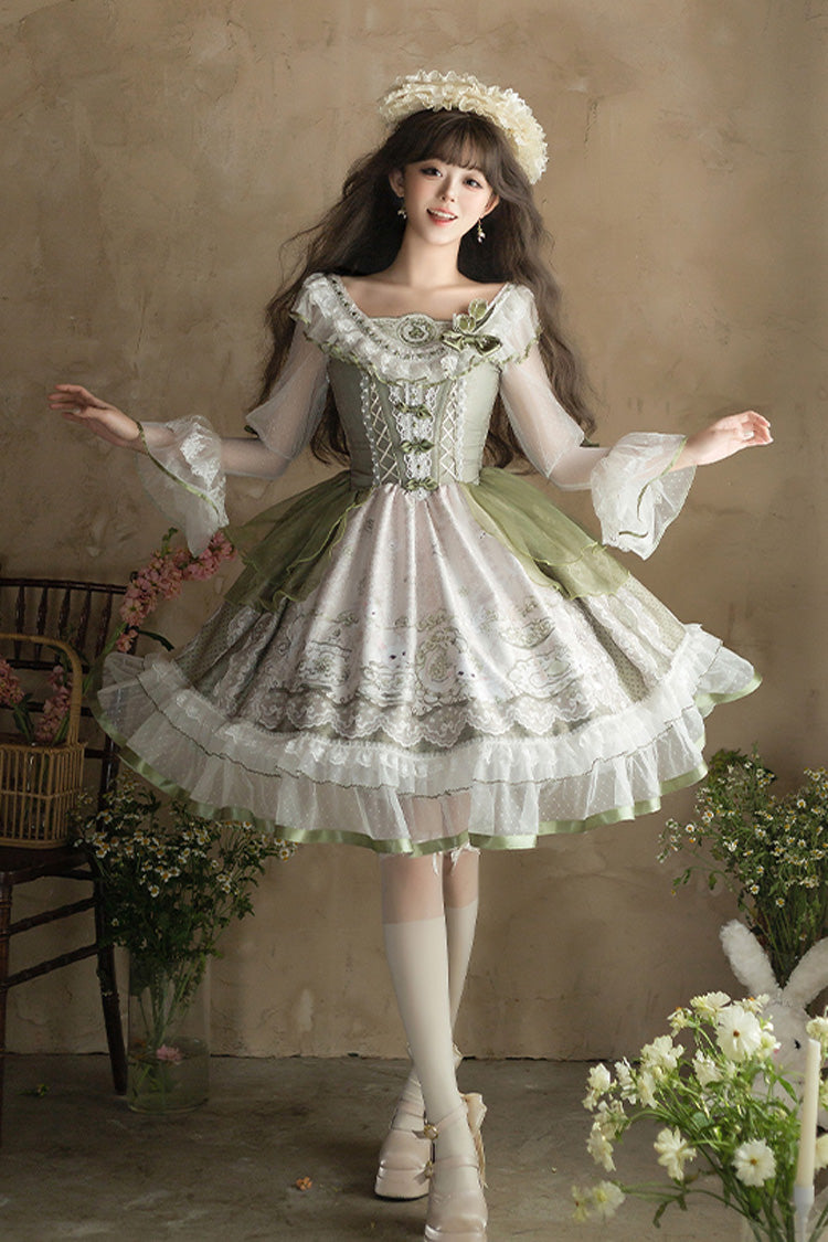 Green Teacup Rabbit Little Fresh Print Ruffle Bowknot Lace Lace-Up Sweet Lolita OP Dress
