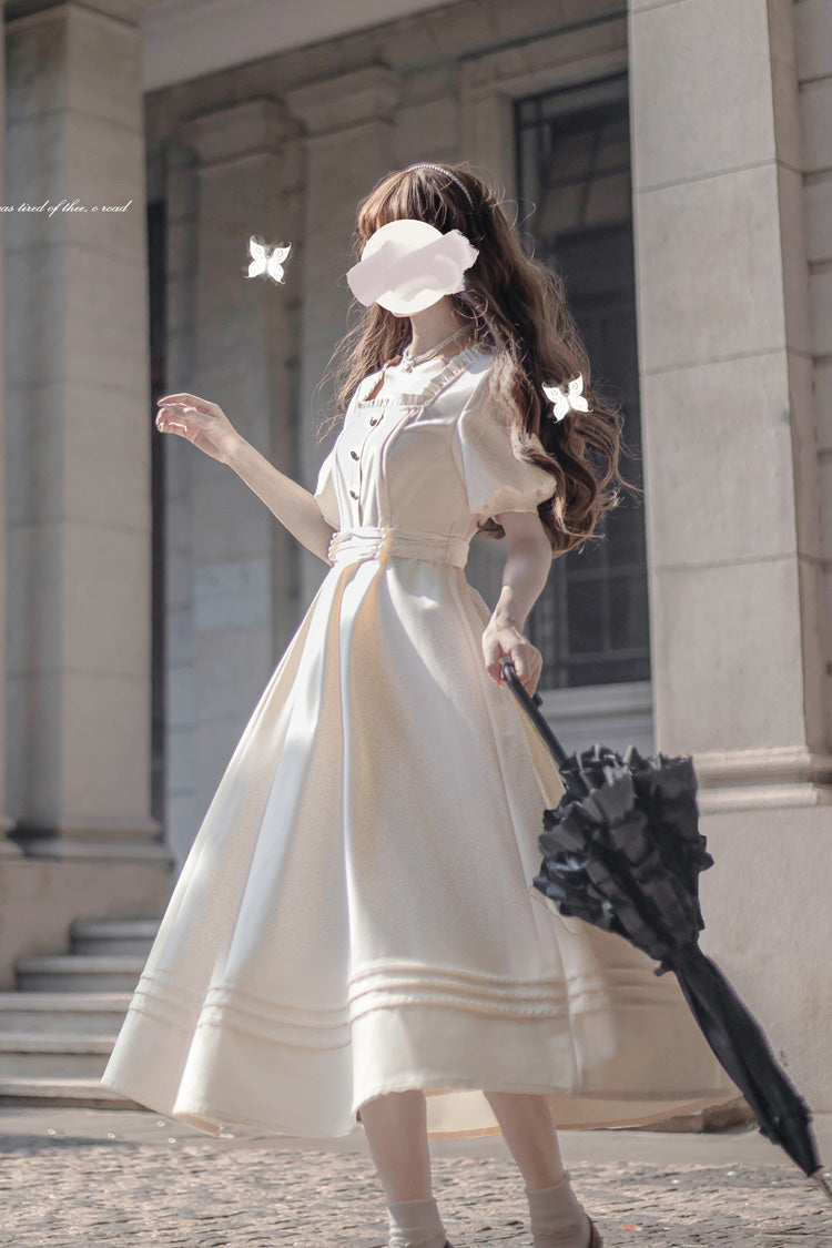 Apricot Random Thoughts Square Collar Short Sleeves Ruffle Classic Vintage Elegant Lolita Dress