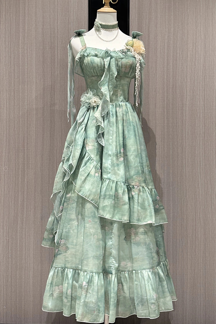 Green Forest Garden Print Ruffle Bowknot Sweet Lolita Jsk Long Dress