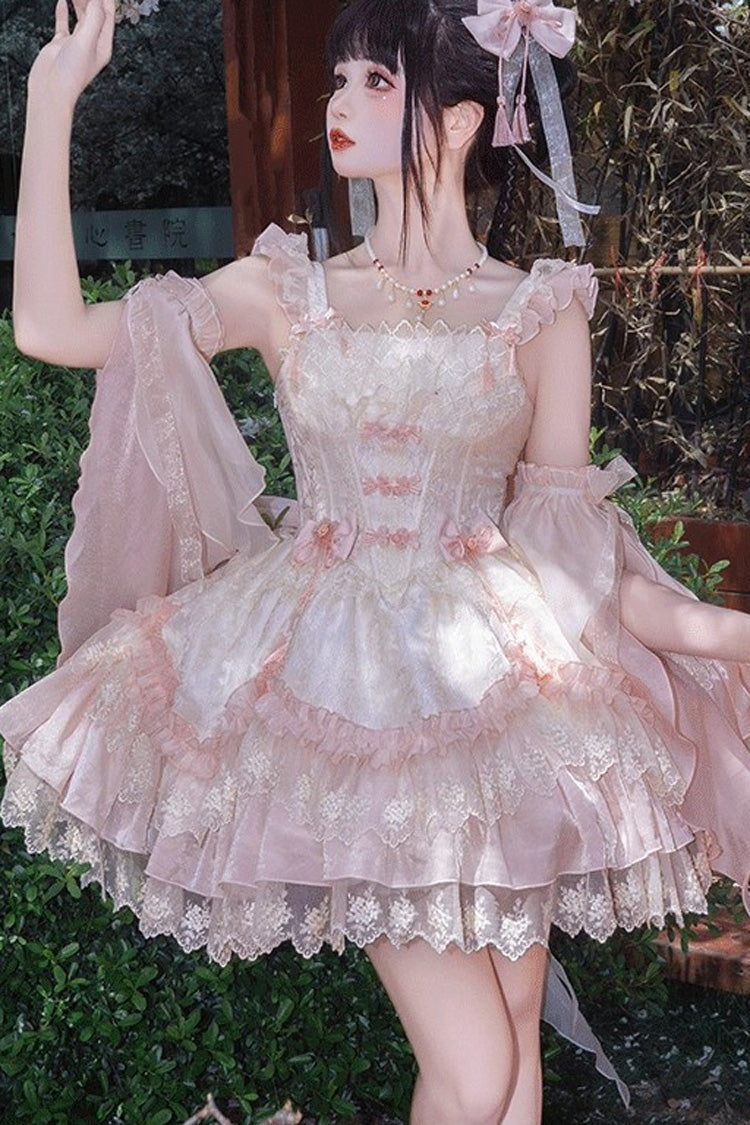 Pink Lyrics in the Midst of Flowers Ruffle Embroidery Bowknot Chinese Style Elegant Sweet Lolita Jsk Dress
