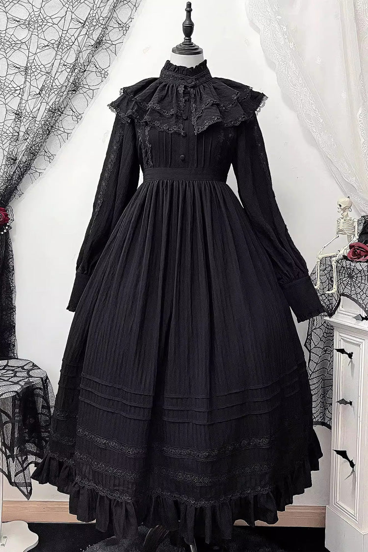 Black Quiet Place Long Sleeves Jacquard Ruffle Embroidery Bowknot Gothic Lolita Dress