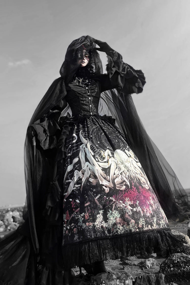 Black Reborn Ancient God Long Hime Sleeves Print Lace Gothic Lolita Skirt Dress Set