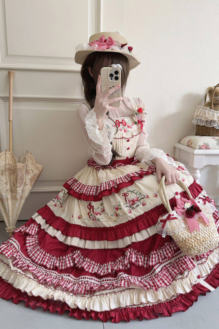 Red Strawberry Basket Square Collar Multi-Layered Printed Ruffled Embroidered Bow Sweet Lolita Jsk Dress