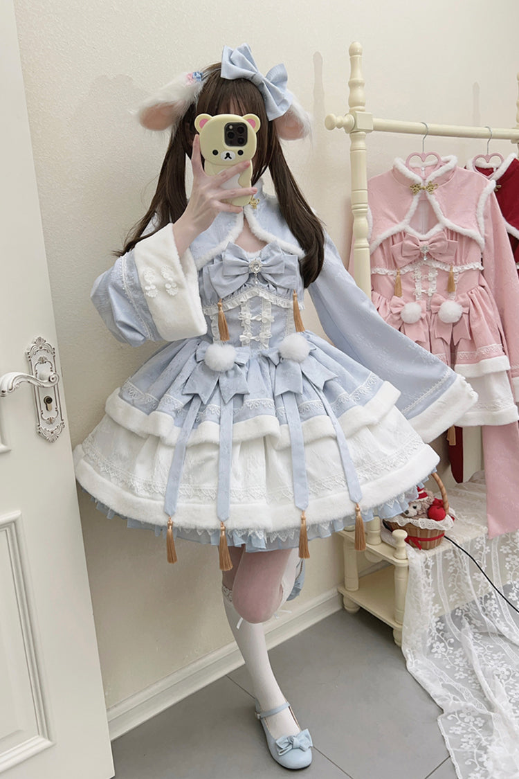 Blue Snow Rabbit Long Sleeves Ruffle Bowknot Fake Two Pieces Sweet Lolita Dress