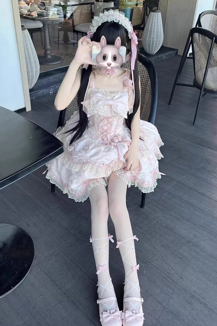 Pink Floral Overture Double-Layered Ruffle Embroidery Bowknot Lace Sweet Lolita Jsk Dress