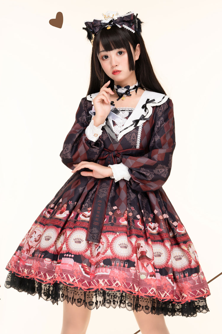 Black Afternoon Fantasia Long Sleeves Print Ruffle Bowknot Sweet Lolita Jsk Dress