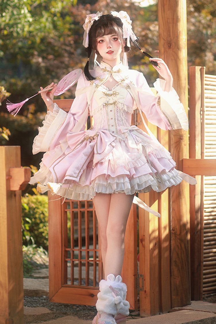 Pink White Pear Dream Multi-layer Ruffle Lace Sweet Chinese Style Princess Lolita Jsk Dress