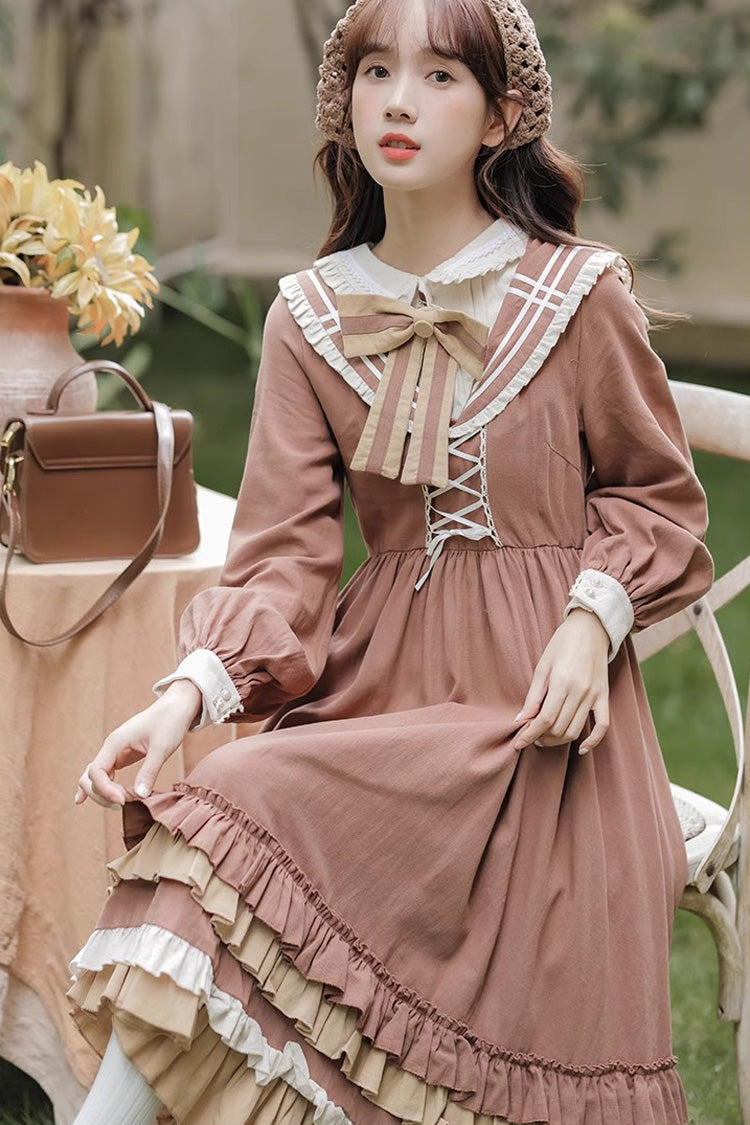 Brown Long Sleeves Multi-layer Ruffle Two Fake Pieces Sweet Lolita Dress