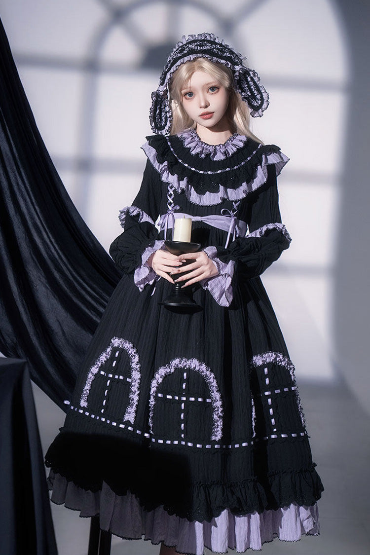 Black Twin Lilian Round Collar Long Sleeves Double-Layered Ruffled Bow Lace-Up Gothic Lolita Dress