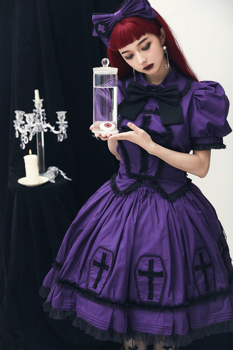 Purple Halloween Cross Short Puff Sleeves Two Pieces Gothic Lolita Dress