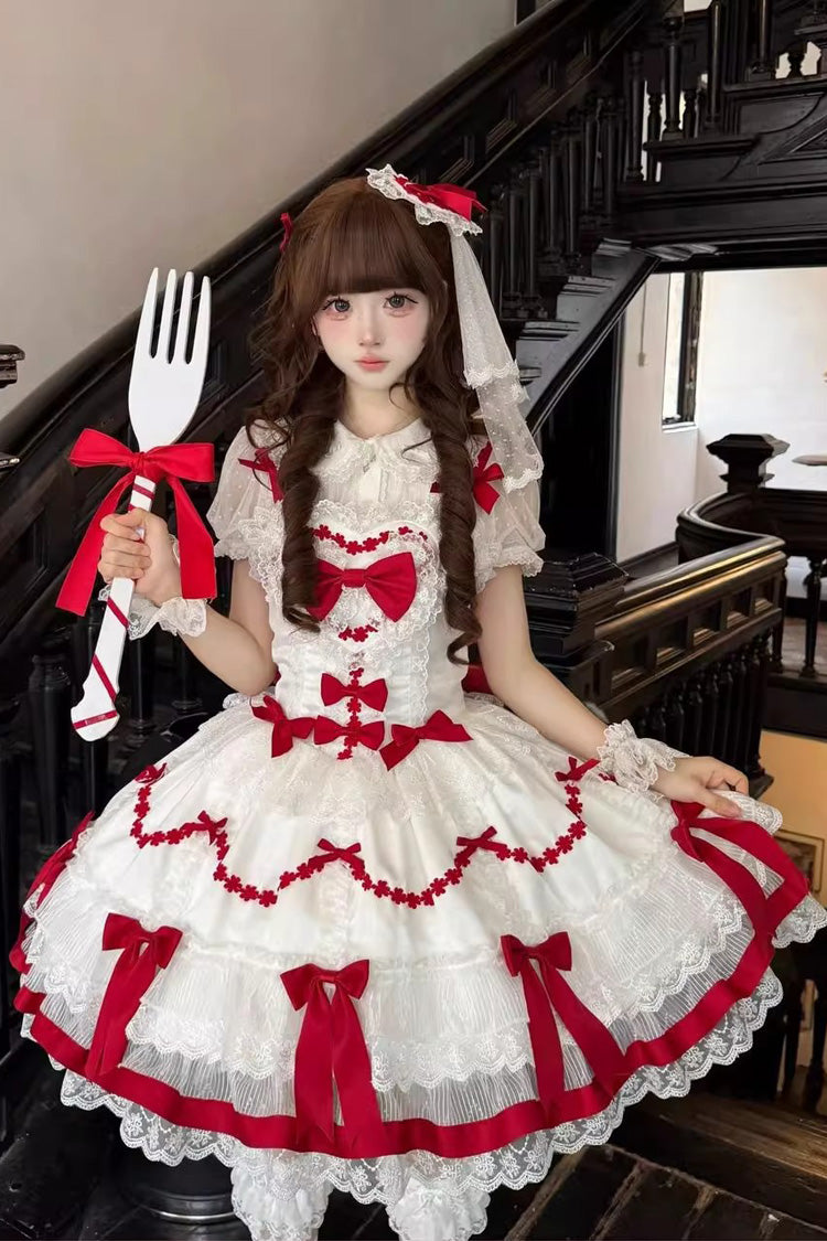 Red/White Scarlet Heart Cocoa Sleeveless Triple-Layered Ruffle Embroidery Bowknot Lace Sweet Lolita Jsk Dress