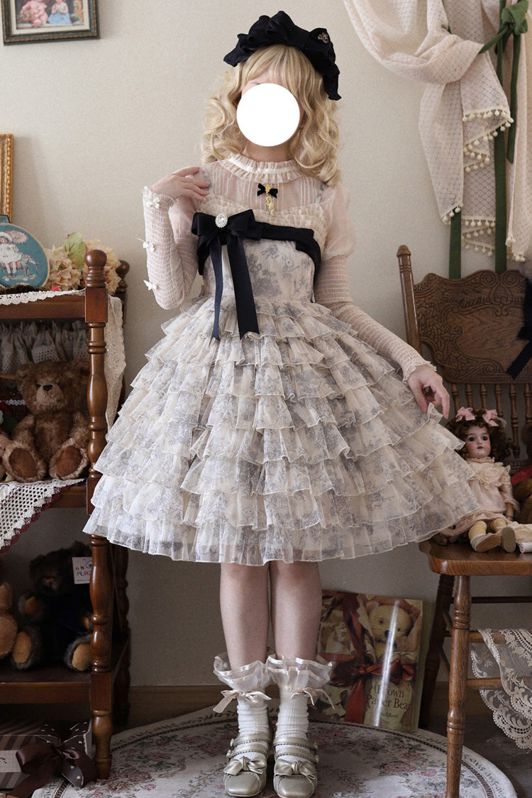 Multi-Color Wonderland Travels Multi-Layered Print Ruffle Bowknot Sweet Lolita Tiered Dress