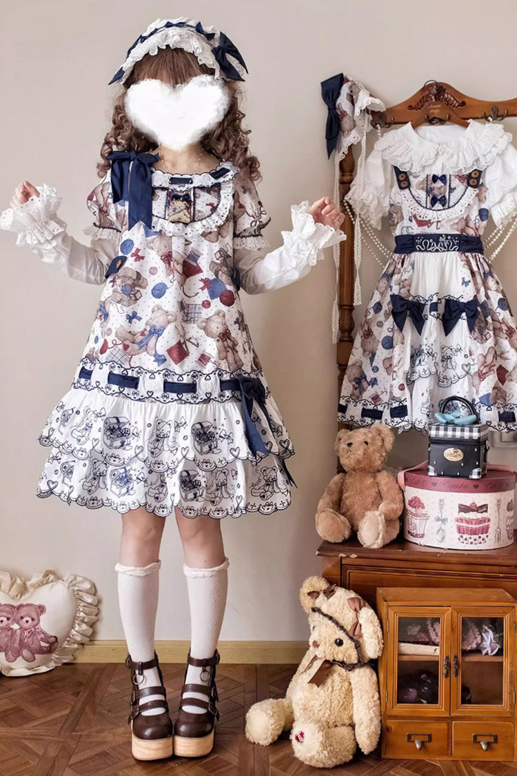 Multi-Color Little Bear Tailor Round Collar Short Sleeves Double-Layered Printed Ruffled Bow Sweet Lolita Dress