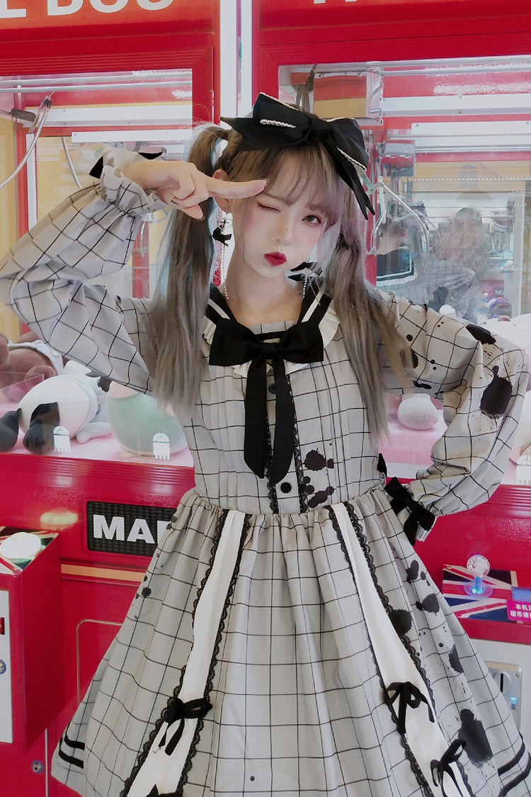 Grey College Style Navy Collar Plaid Leaking Ink Pen Print Ruffled Sweet Lolita Op Dress