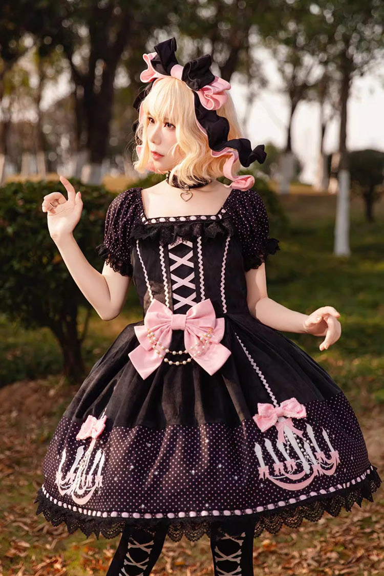 Chandelier Printed Sweet Short Sleeves Bow Lace-Up Pearl-Decorated Lolita Dress 4 Colors