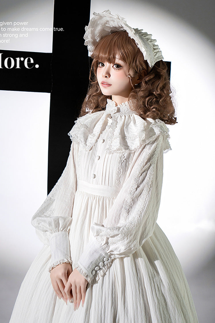 White Quiet Place Long Sleeves Jacquard Ruffle Embroidery Bowknot Gothic Lolita Dress