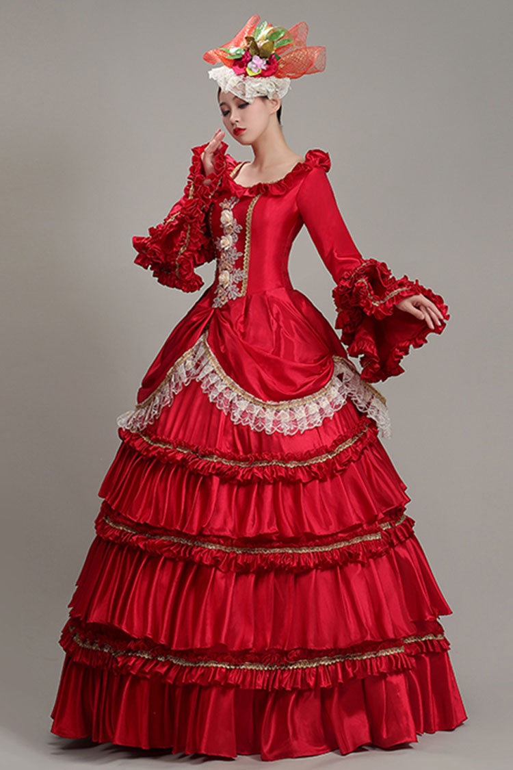 Red Hime Sleeves High Waisted Ruffled Multi-Layer Victorian Lolita Prom Tiered Dress