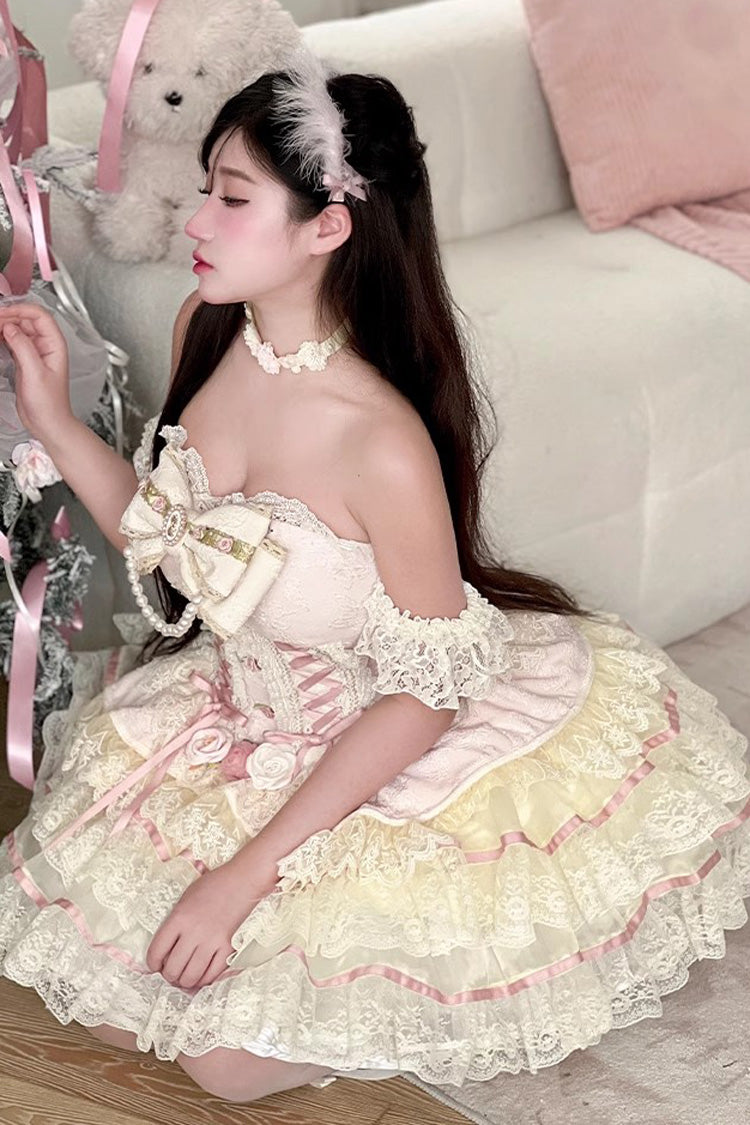 Yellow/Pink Sweet Tea Rose Dew Ruffle Bowknot Lace Sweet Lolita Skirt Dress