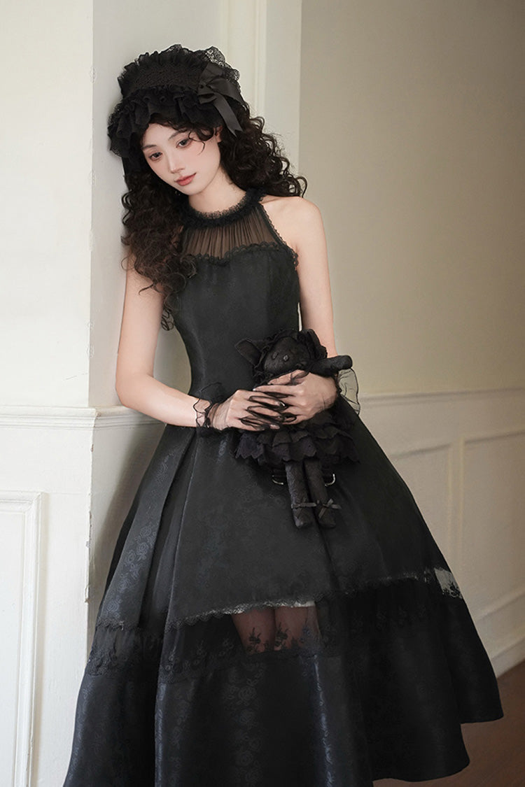 Black Flowers in the Mist Off Shoulder Halterneck Print Ruffle Gothic Elegant Lolita Dress