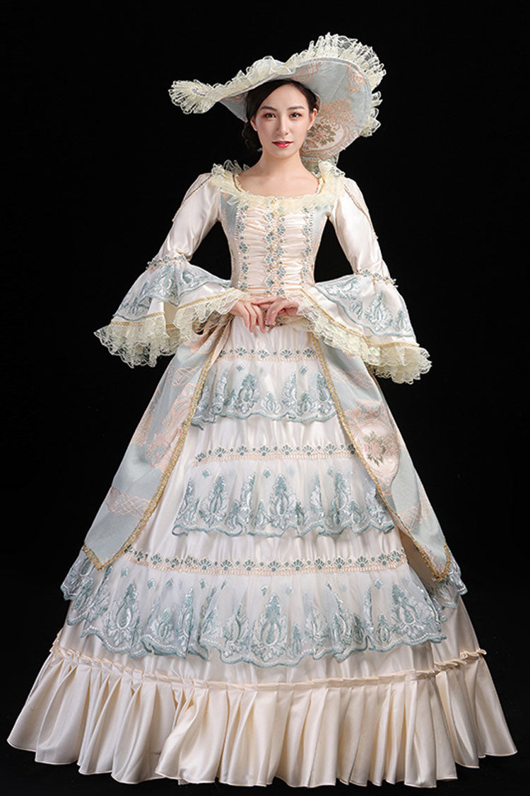 Blue/Champagne Trumpet Sleeves High Waisted Ruffled Multi-Layer Hollow Embroidery Print Victorian Lolita Prom Dress