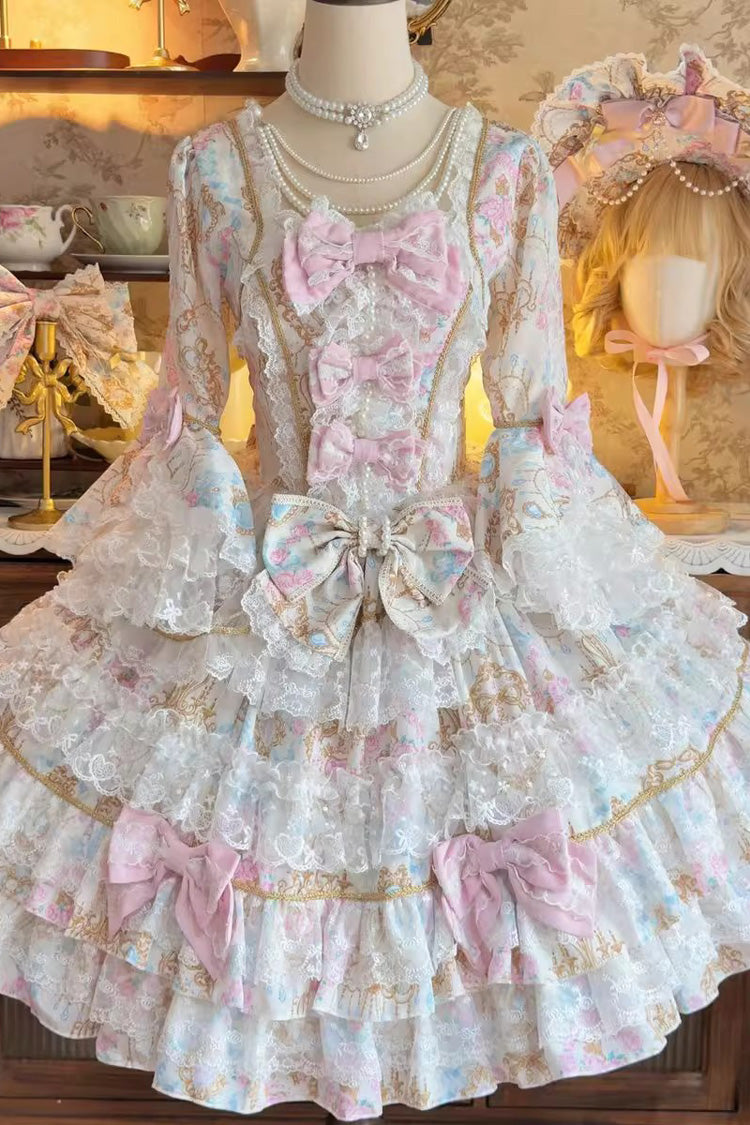 Apricot Candlelight Elegance Long Trumpet Sleeves Multi-Layered Ruffle Bowknot Lace Sweet Elegant Lolita Dress