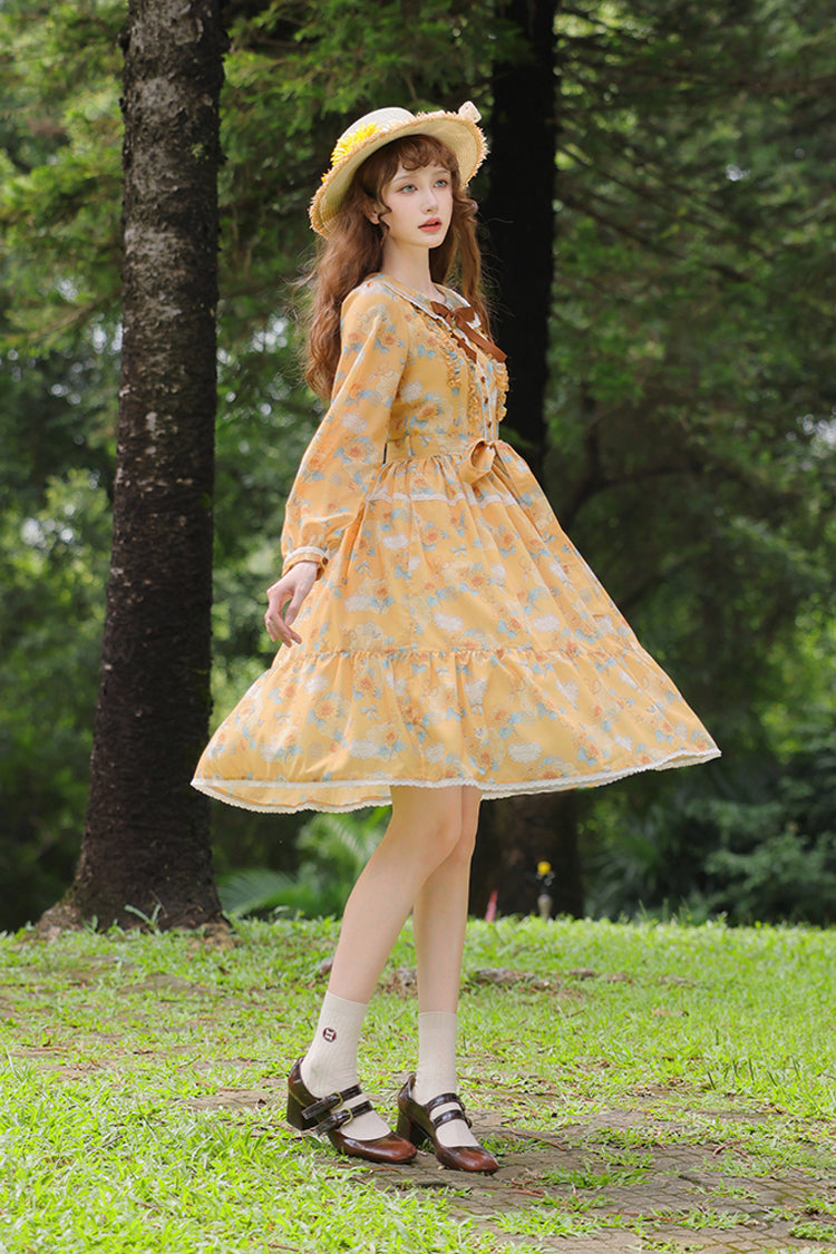 Yellow Gardening Sunflower Long Sleeves Print Ruffle Bowknot Sweet Elegant Lolita Dress