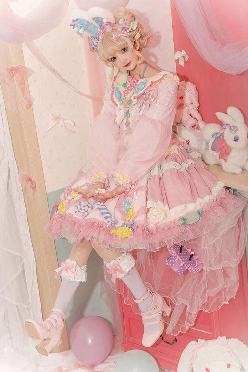 Pink Candy Party Lace Long Sleeves Bowknot Multi-Layer Ruffled Sweet Lolita JSK Dress