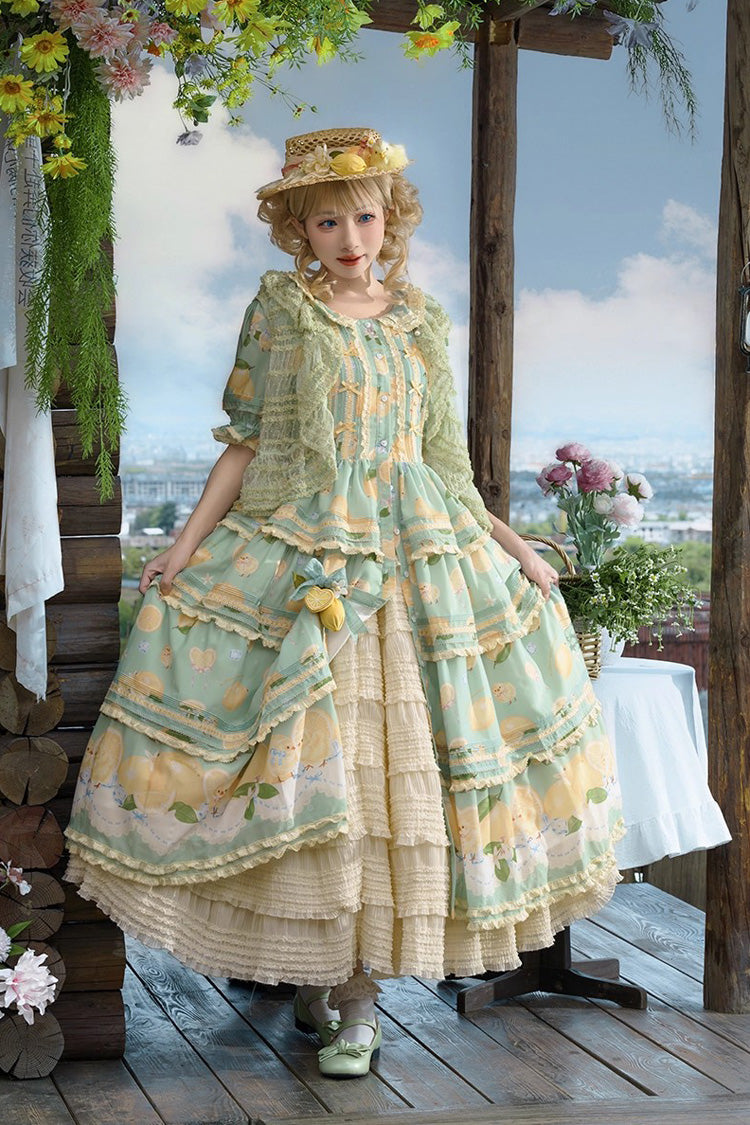 Green Lemon Chicken Short Sleeves Triple-Layered Print Ruffle Bowknot Lace Sweet Gorgeous Lolita Dress