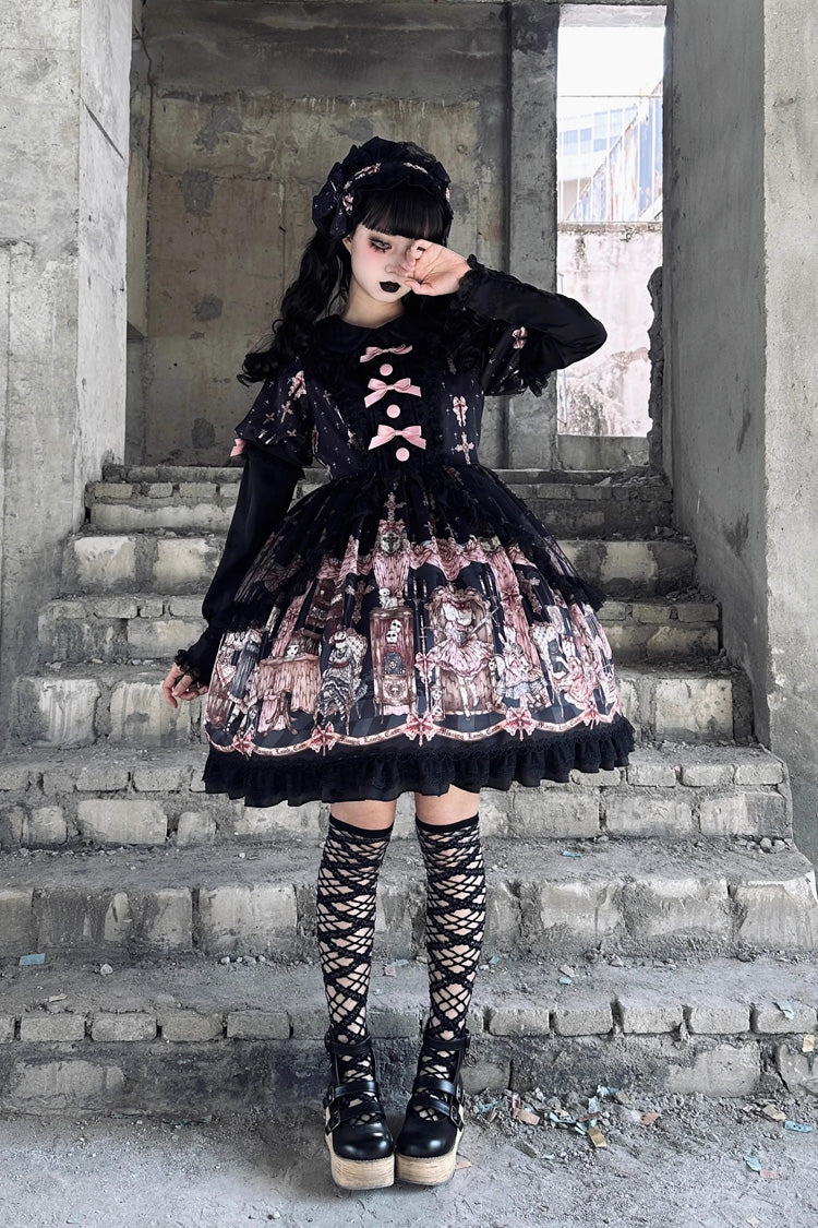 Black The Case of the Missing Lamb Print Long Sleeves Ruffle Bowknot Lace Gothic Lolita Dress