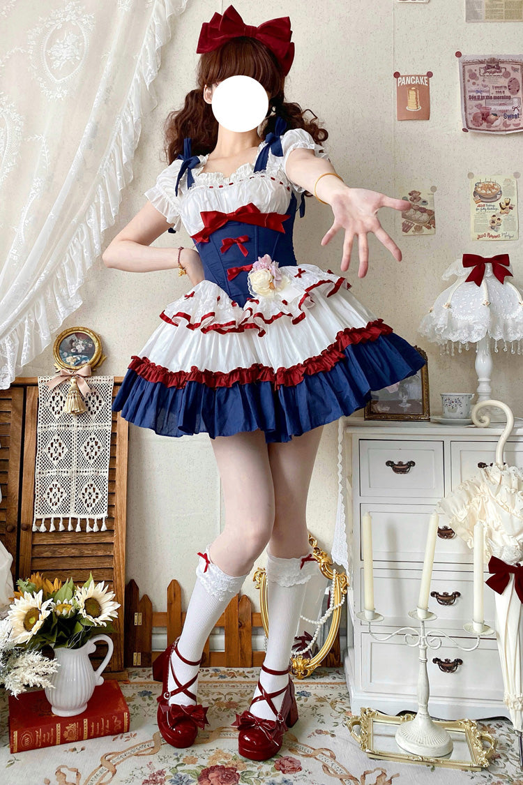 Red/White/Blue Fairy Tale Overture Triple-Layered Ruffle Bowknot Fishbone Sweet Ballet Lolita Dress