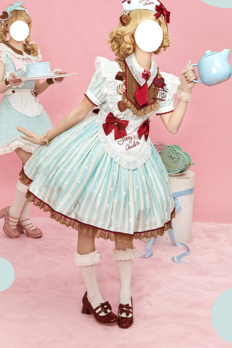 Green Jenny's Chocolate Short Sleeves Vertical Stripes Print Ruffle Bowknot Sweet Lolita Dress