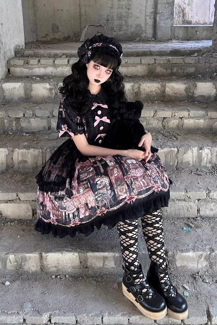 Black The Case of the Missing Lamb Print Long Sleeves Ruffle Bowknot Lace Gothic Lolita Dress