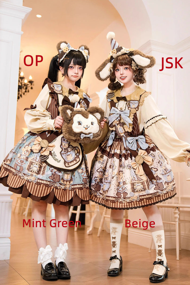 Bear Cookie Long Sleeves Print Bowknot Sweet Lolita Dress Set 2 Colors