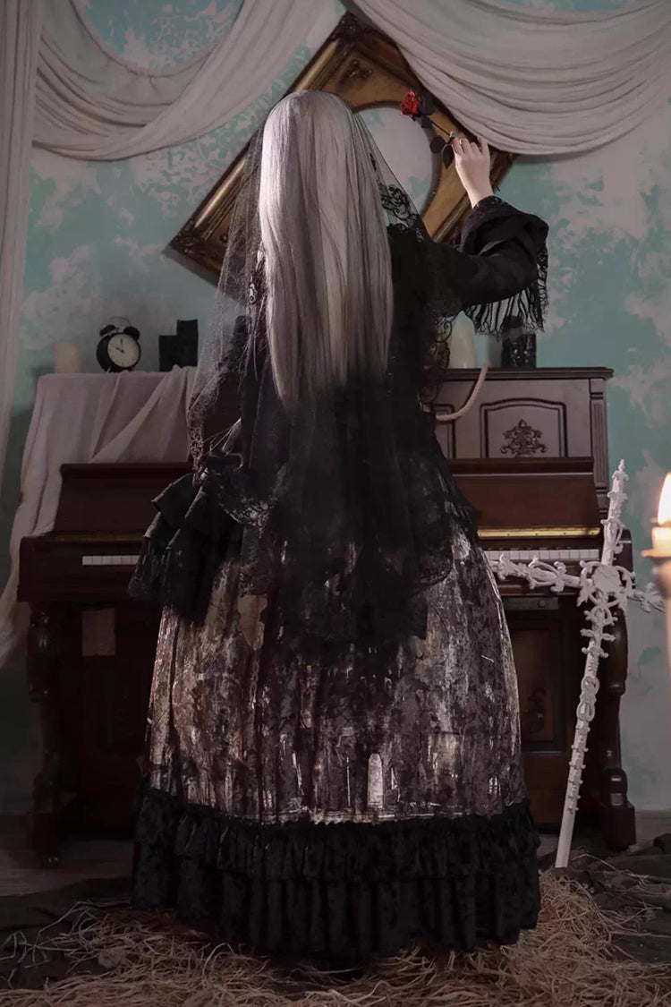 Heretical Nun Sleeveless Multi-Layered Printed Ruffled Open-Front Gothic Plus Size Lolita Strap Dress Long Version 2 Colors
