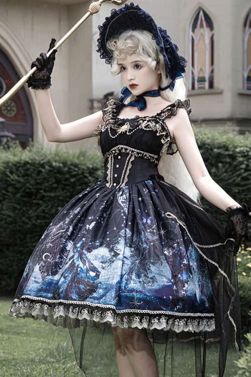 Black Ruffled Bow Star Moon Mermaid Print Gothic Lolita JSK Dress