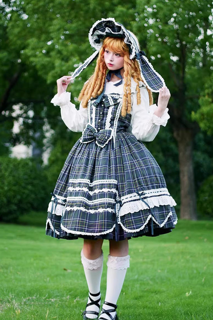 Green Gingham Petal Bunny Printed Ruffled Bow Sweet Lolita Jsk Dress