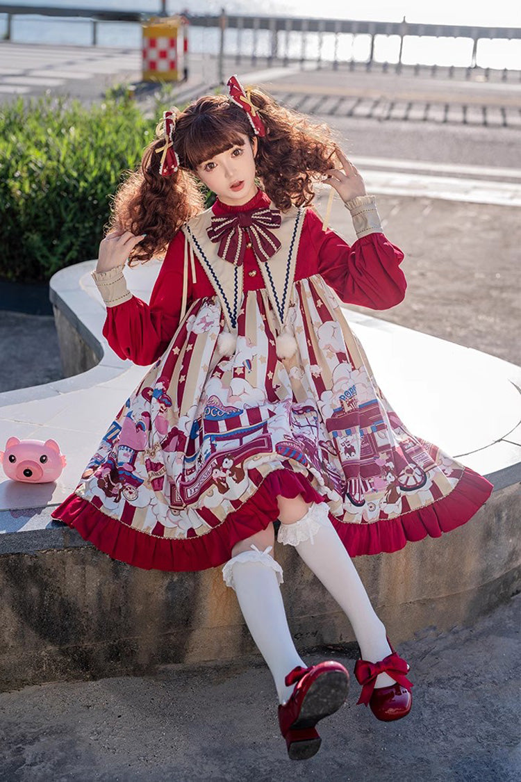 Red Long Sleeves Squirrel Popcorn Print Bowknot Sweet Lolita Dress